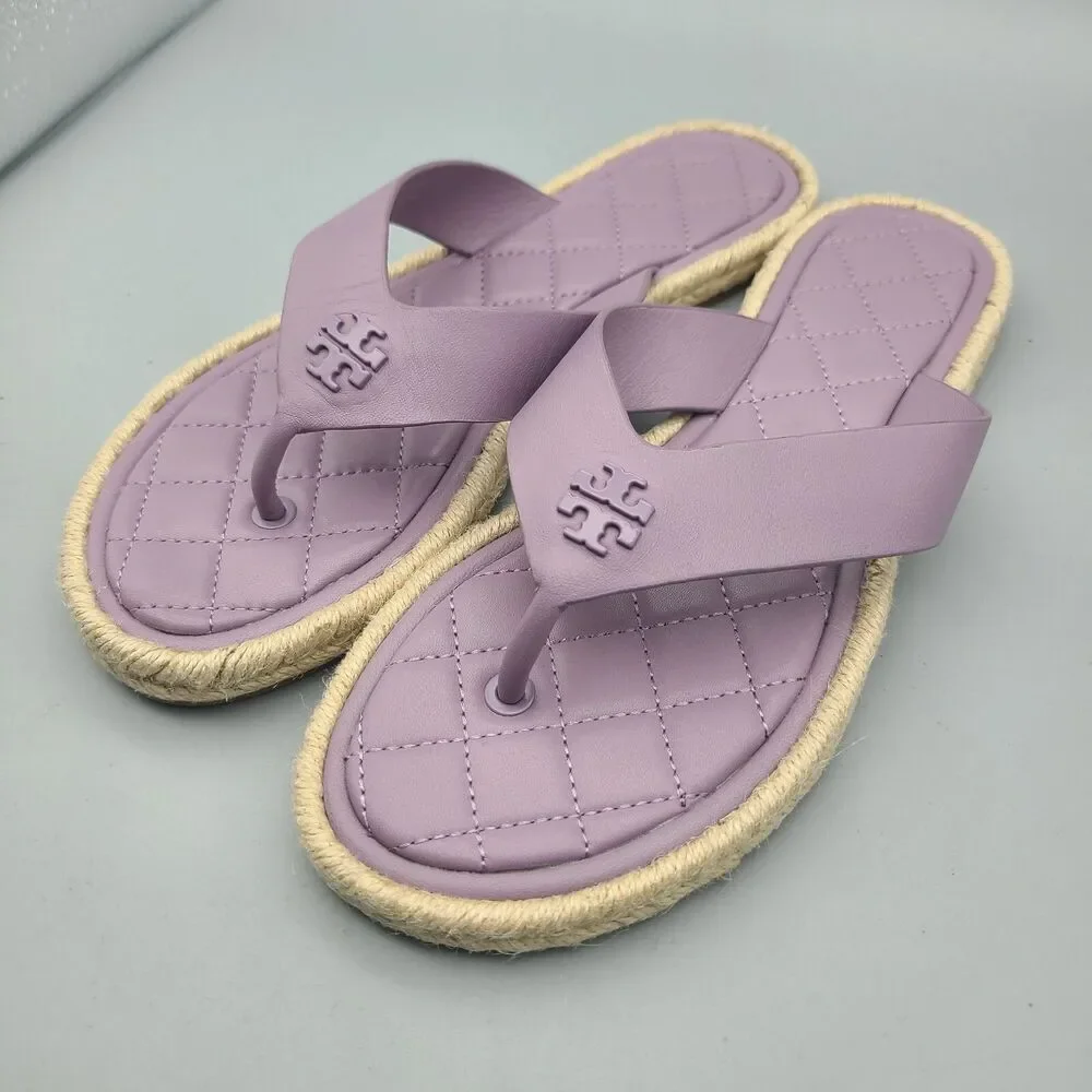 Tory Burch Women Thong Sandals Purple Quilted Leather Espadrille Mini Logo 9 New